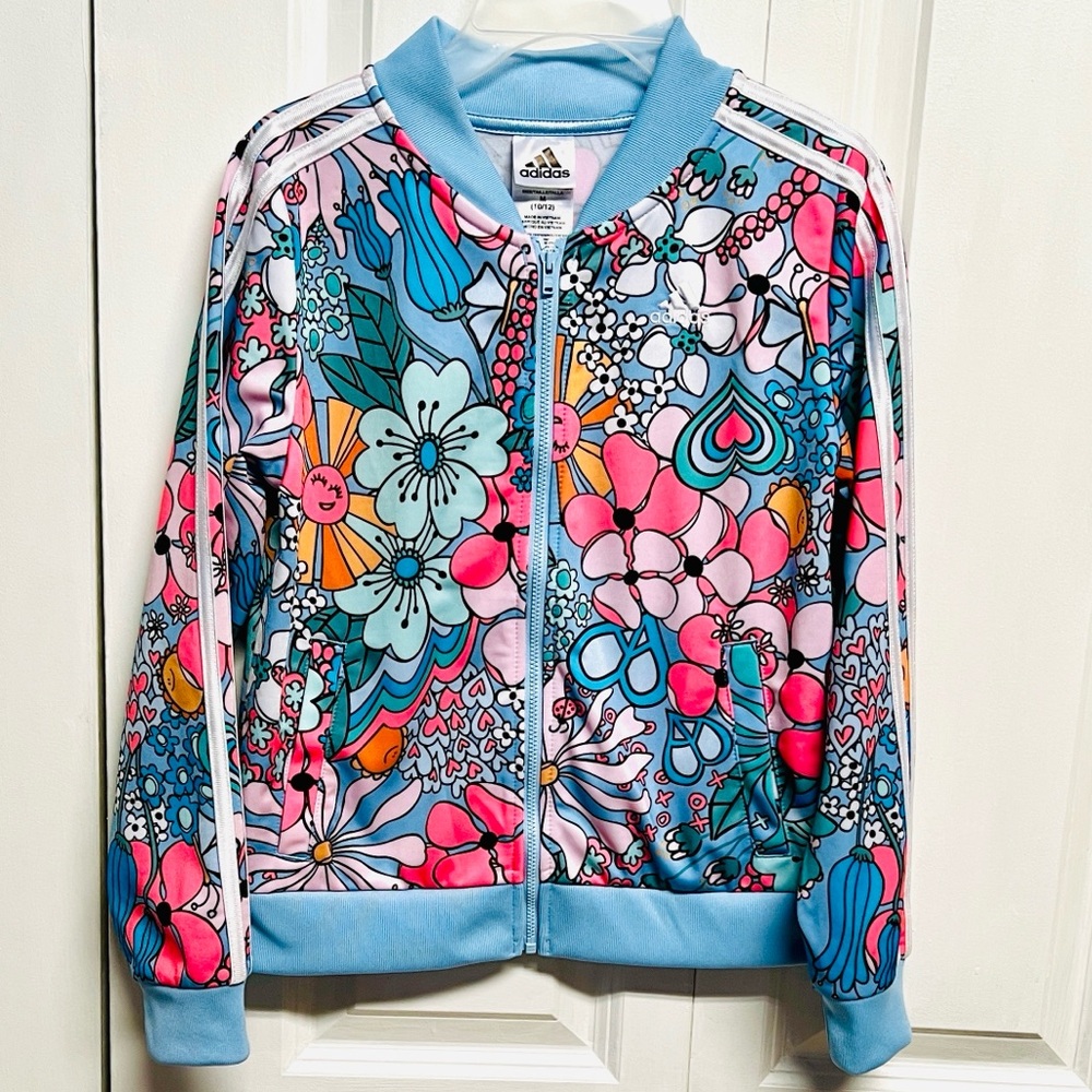 adidas Kids Floral Jean-Style Track Jacket in Light Blue & Pink Size M 10 / 12